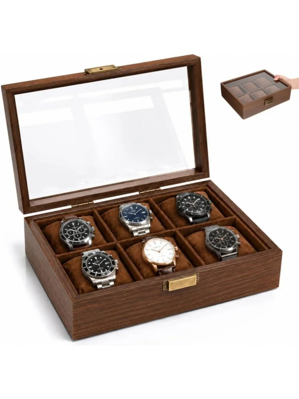 Stylish 6-Slot Wooden Watch Box with Glass Lid - Perfect Gift for Watch Lovers